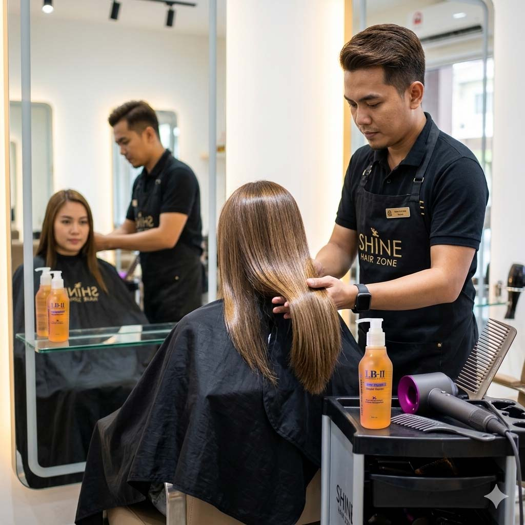 Stylist rambut profesional sedang menggunakan LB-II Ionic Crystal Repair Serum pada hujung rambut pelanggan di salun untuk membaiki rambut rosak.