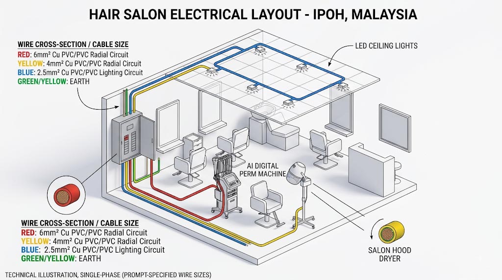 3D isometric illustration of salon electrical wiring plan with color-coded cable sizes for hair dryers and perm machines