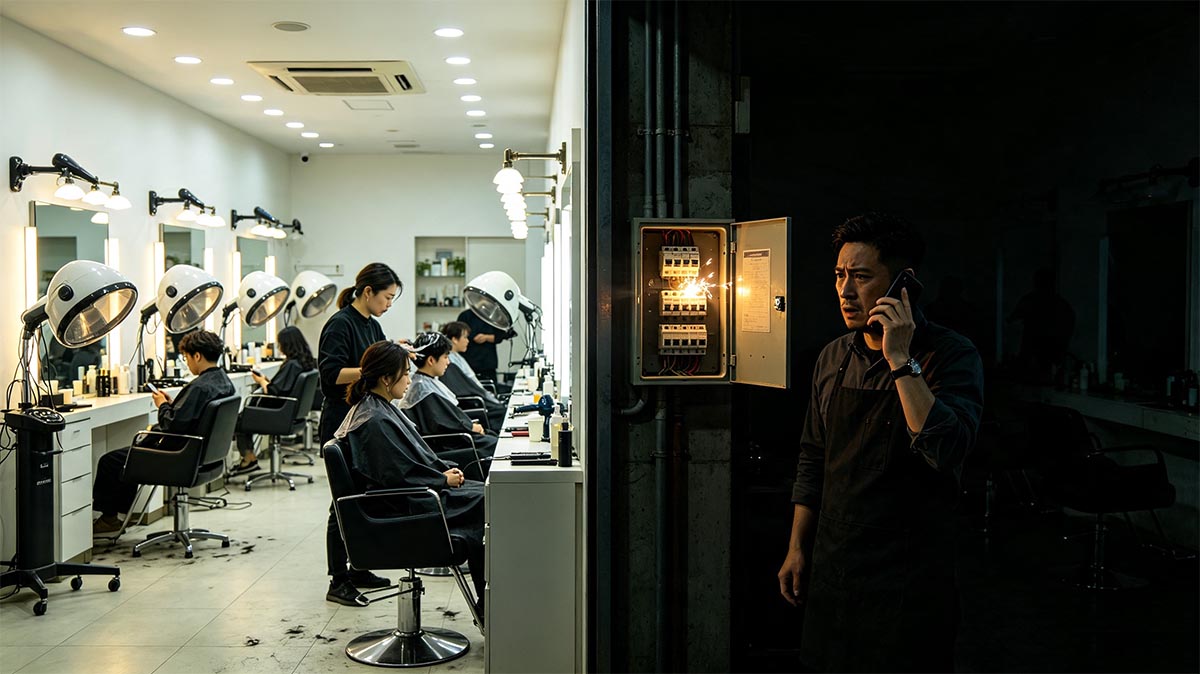 Comparison of a bright working hair salon and the same salon in darkness after electrical overload