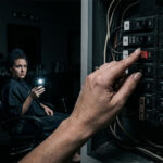 Salon owner resetting tripped circuit breaker while customer waits with wet hair in dark salon