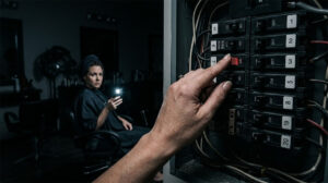 Salon owner resetting tripped circuit breaker while customer waits with wet hair in dark salon