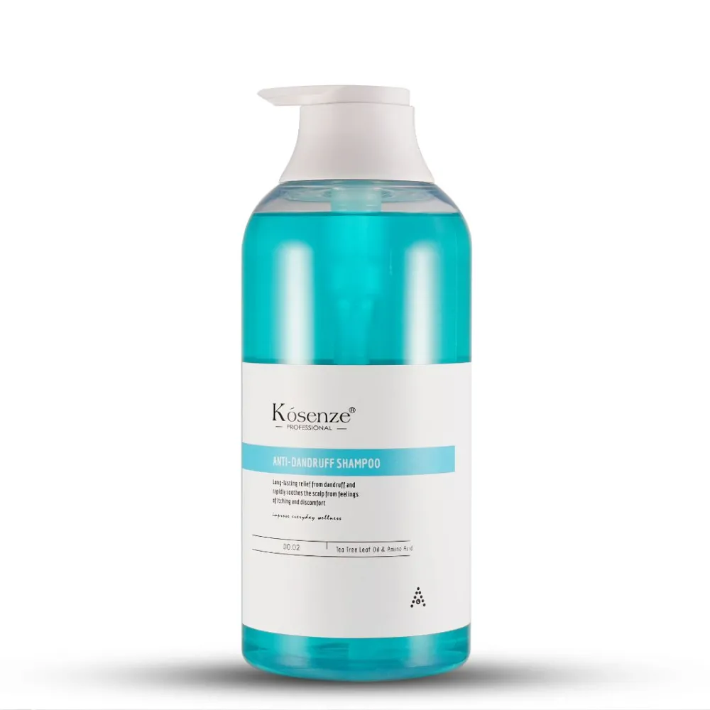 Front label of bottle Kósenze Anti-Dandruff Shampoo featuring a bright teal horizontal stripe.