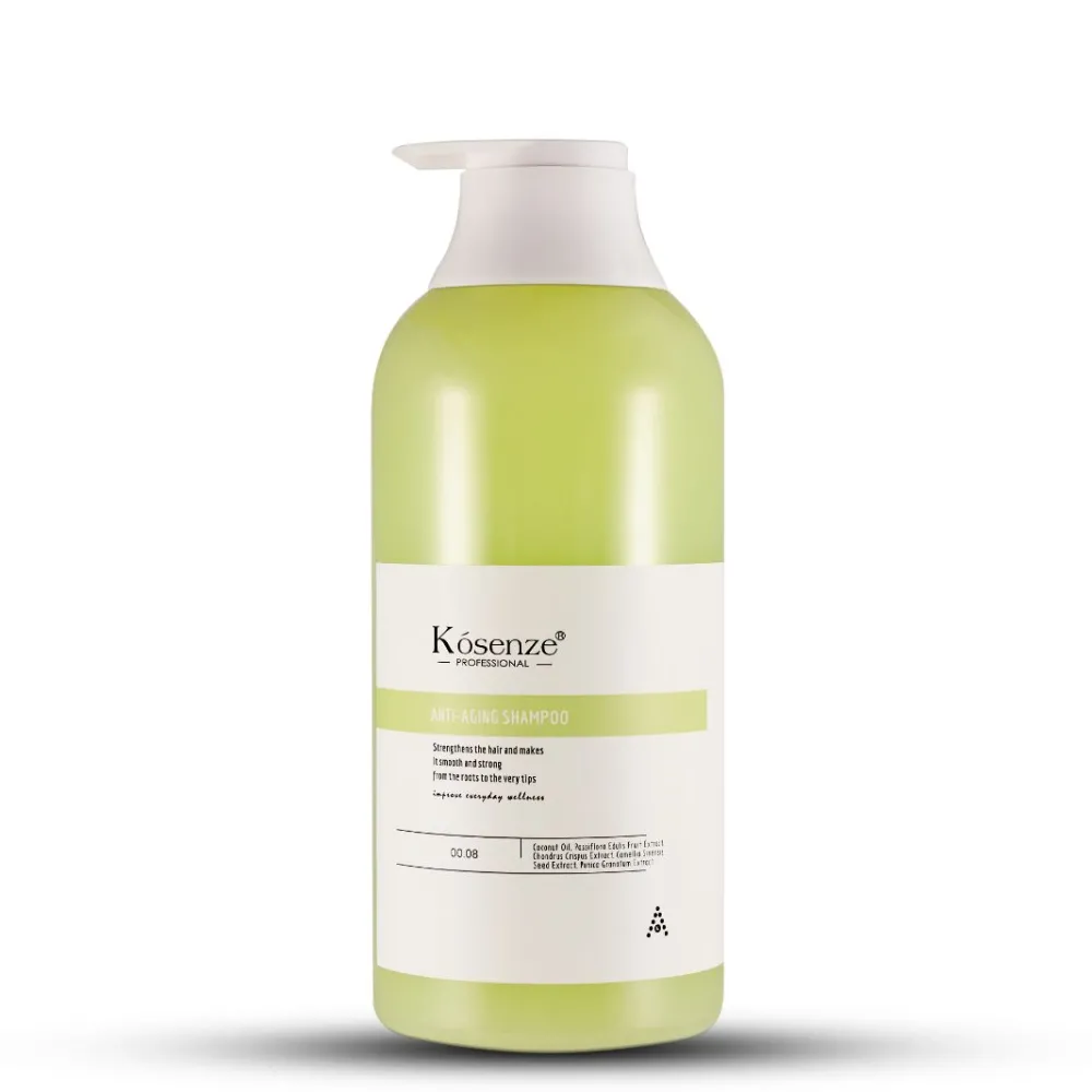 Front label of bottle Kósenze Anti-Aging Shampoo featuring a bright lime green accent stripe.
