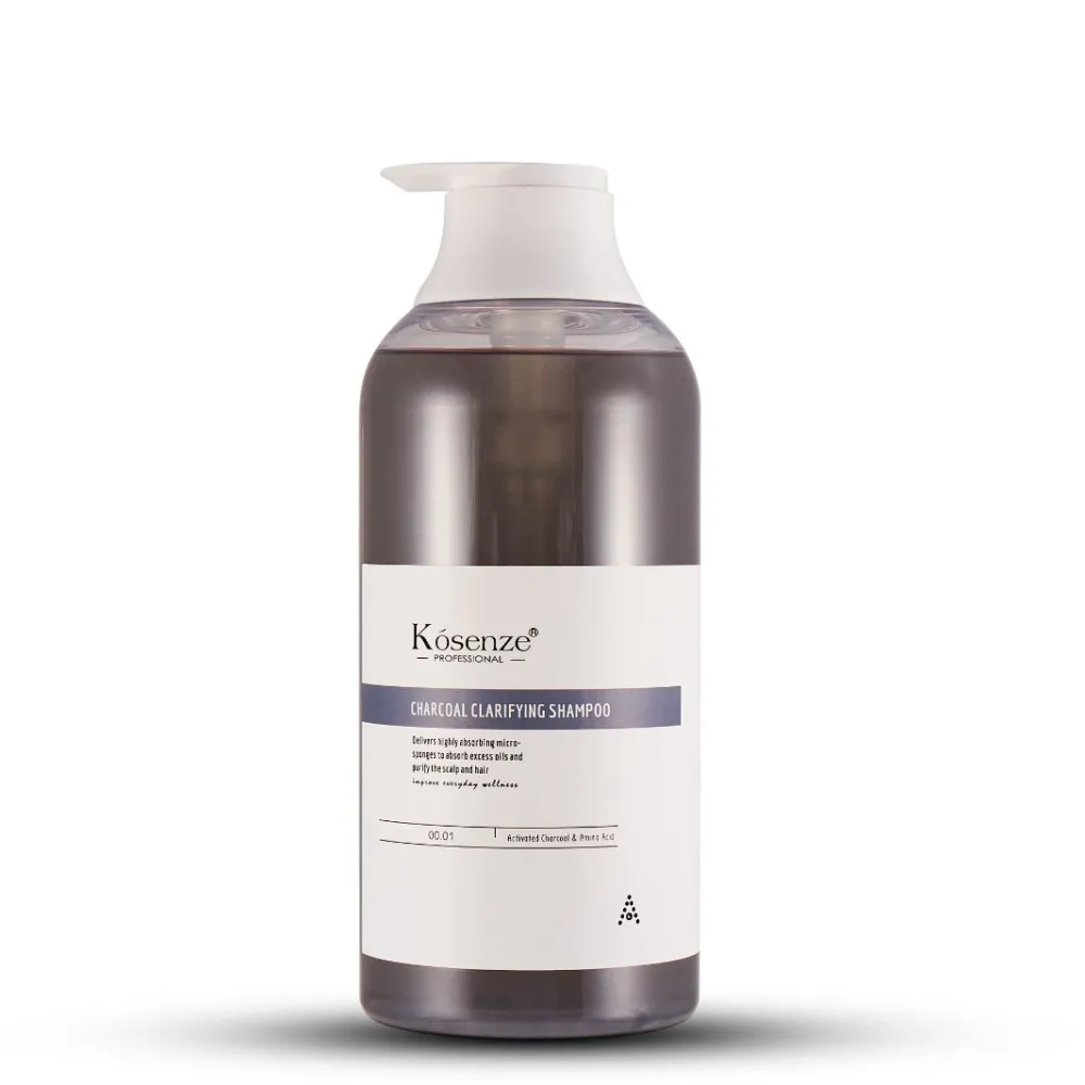 Front label of bottle Kósenze Charcoal Clarifying Shampoo featuring a dark grey/black accent stripe.