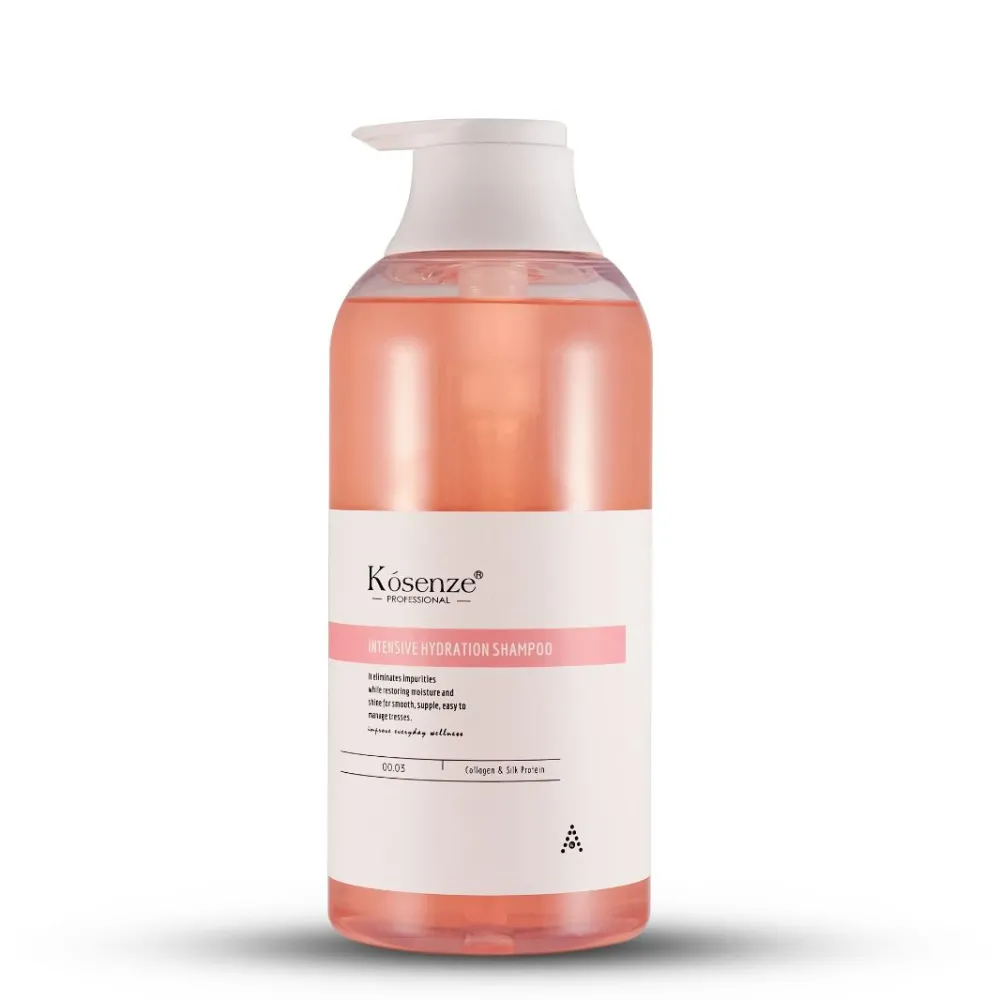 Front label of bottle Kósenze Intensive Hydration Shampoo featuring a coral red/pink stripe.