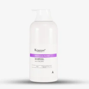 Minimalist front label bottle of Kósenze Keratin Healing Treatment featuring a purple horizontal accent stripe.