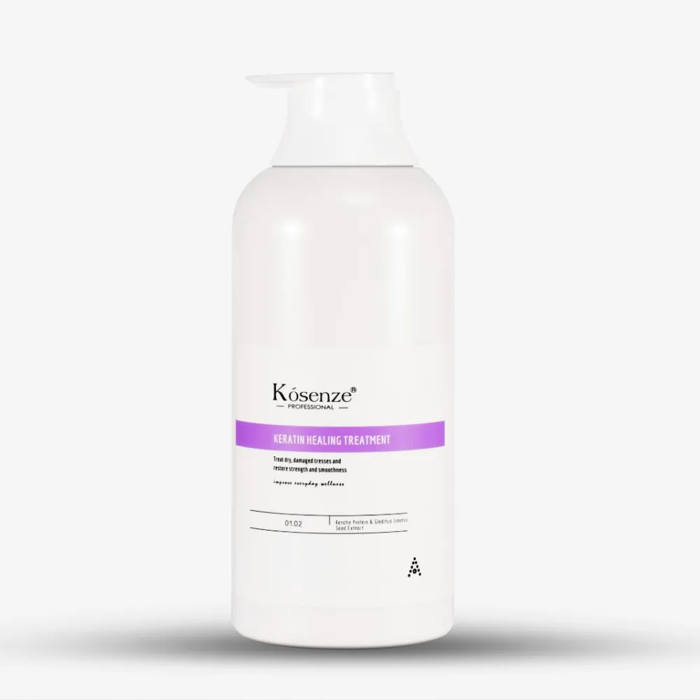 Minimalist front label bottle of Kósenze Keratin Healing Treatment featuring a purple horizontal accent stripe.