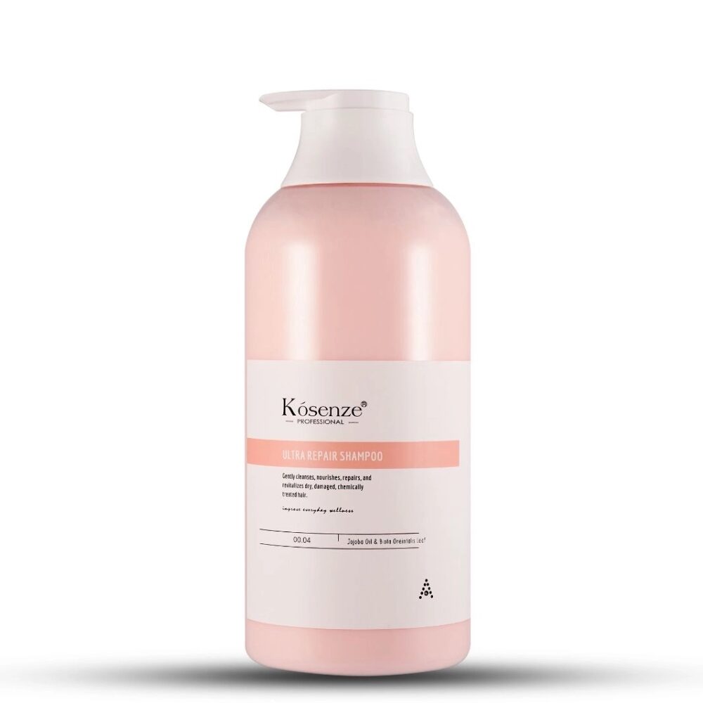 Front label of bottle Kósenze Ultra Repair Shampoo featuring a salmon pink accent stripe.