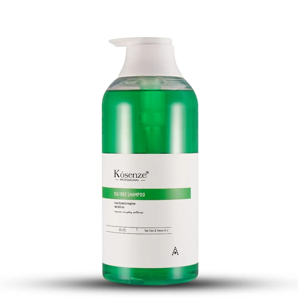 Front label of bottle Kósenze Tea Tree Shampoo featuring a bright green accent stripe.