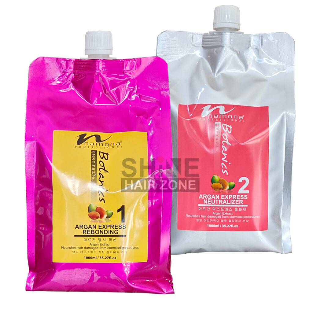 namona Professional Botanics Argan Express Rebonding and Neutralizer 1000ml pouches featuring a Shine Hair Zone watermark.