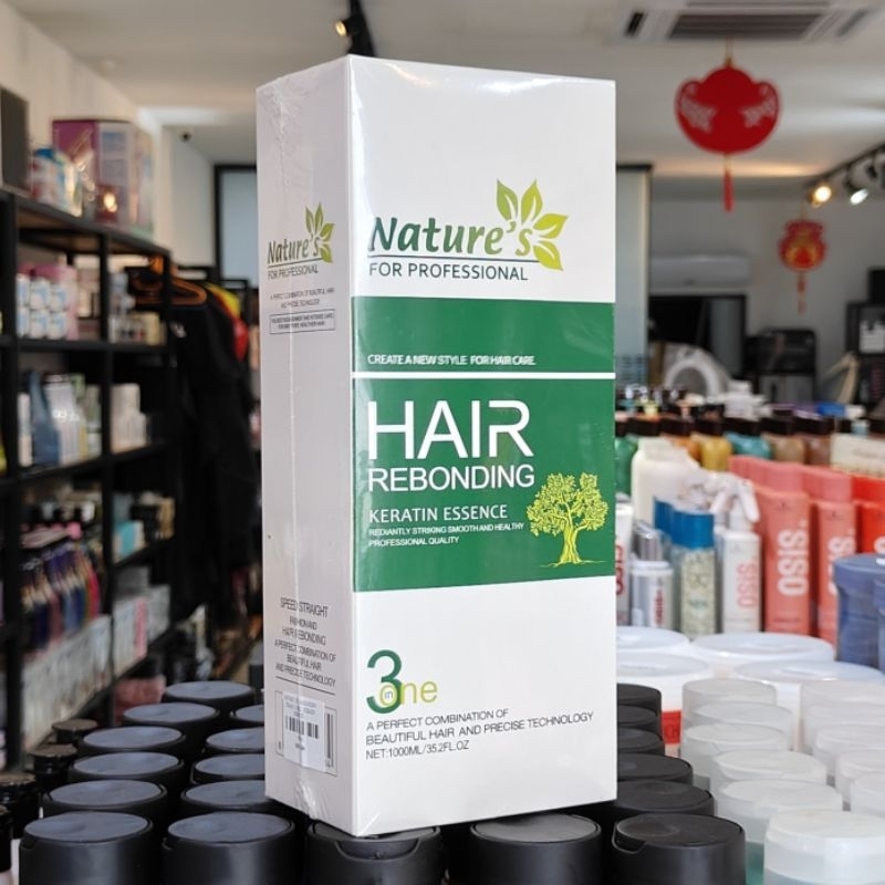 Nature's For Professional Hair Rebonding Keratin Essence 1000ml white and green packaging box in a retail store.