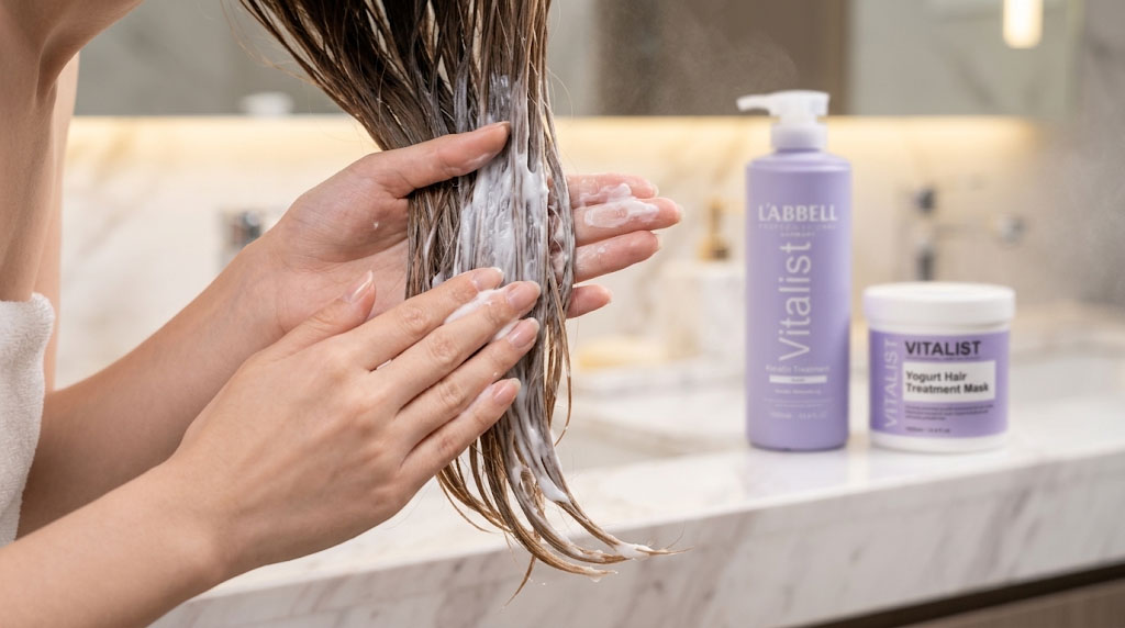 Commercial-beauty-lifestyle-photography-close-up-of-delicate-hands-sectioning-and-applying-rich-thick-white-keratin-treatment-cream-onto-the-mid-lengths-and-ends-of-damp-towel-dried-hair.