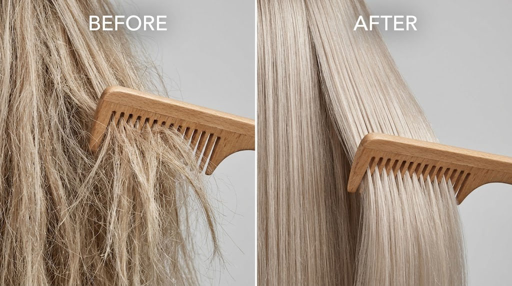 Commercial-hair-care-photography-split-screen-before-and-after-comparison-of-bleached-ash-blonde-hair-texture