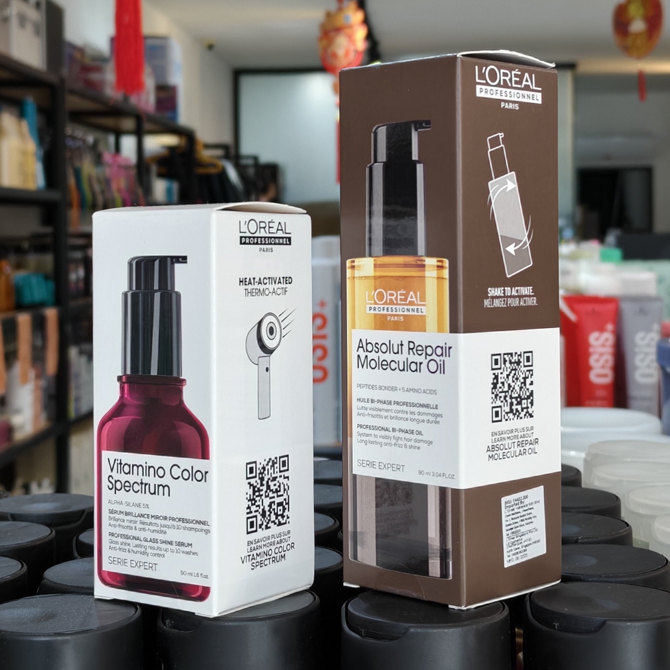 L’Oréal Professionnel Absolut Repair Molecular Bi-Phase Oil 90ml 与 Vitamino Color Spectrum Glass Shine Serum 50ml 盒装正面 — 免洗护发双人组